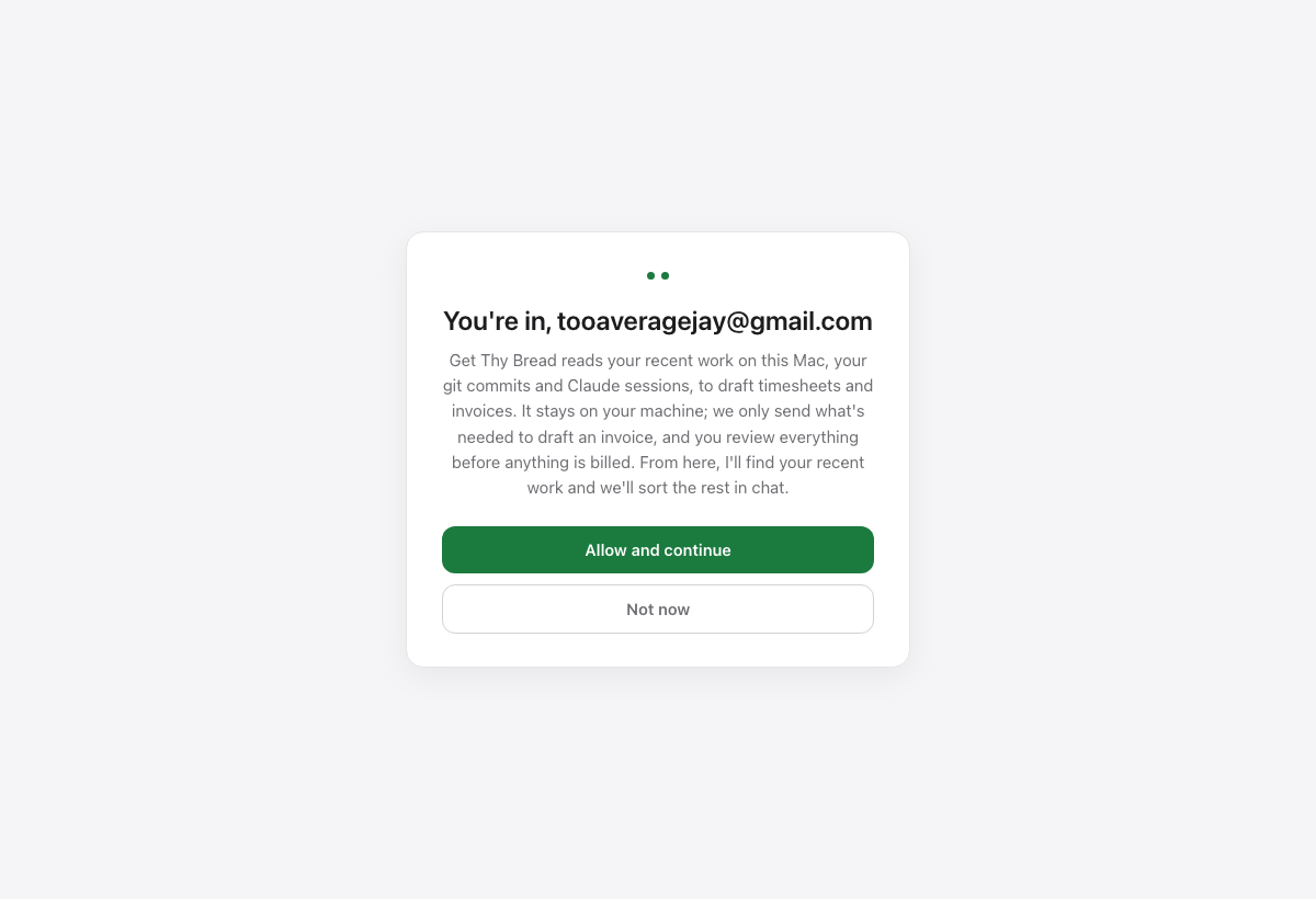 3 · Back in the app: the local-access step, naming the account you just used. Only after Allow and continue does the app look at your folders (this is where macOS asks about Desktop and Documents now, not over the welcome card).